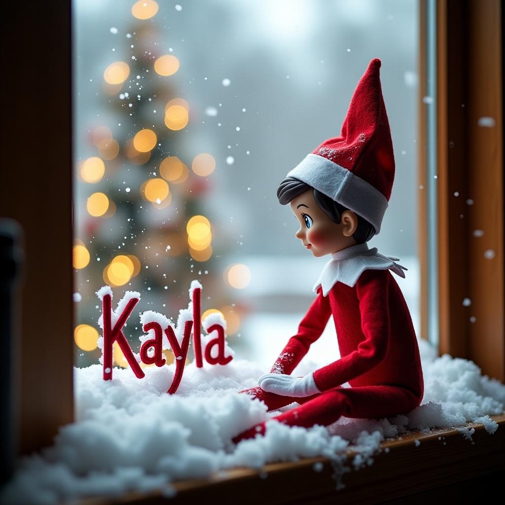 A charming scene featuring an elf on the shelf sitting by a snowy window. The elf is dressed in a classic red outfit and has a playful expression. It is intently writing the name 'Kayla' in the snow outside. Behind the elf, twinkling lights adorn a beautifully decorated Christmas tree. Softly falling snow creates a magical winter atmosphere, and the window frame adds a cozy touch. This image captures the spirit of the holiday season, highlighting a beloved tradition.