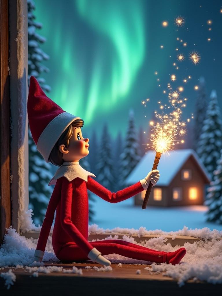 An elf sits on a windowsill gazing at the northern lights. The elf holds a glowing wand creating sparkles in the air. A cozy house is visible in the snowy background. The scene embodies the magic of Christmas. The name 'Samuel and Arabella' appears in the air.