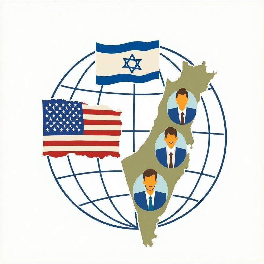 Illustration showing Israel's influence over the United States with flags and figures on a globe