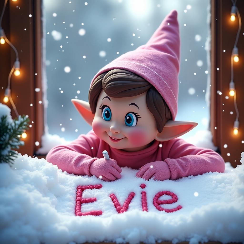 Pink elf writes in snow. Elf seated at window. Snow is fluffy and white. Holiday lights adorn background. Name 'Evie' is creatively written in snow.