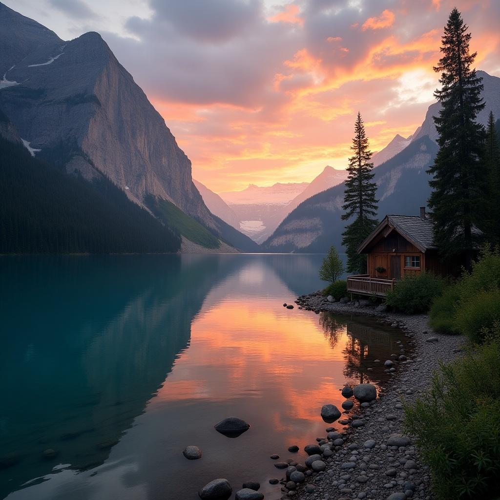 A peaceful scene showcasing a wooden cabin by a still mountain lake during a stunning sunset. The sky is filled with vibrant orange and purple hues reflecting on the water. Tall pine trees frame the scene with majestic mountains in the background.