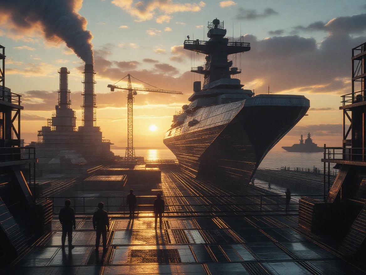 Cinematic view of a large sci-fi factory with smokestacks and tower cranes. Silhouette of a starship battlecruiser in background. Metal platform and buildings captured at sunset with details.