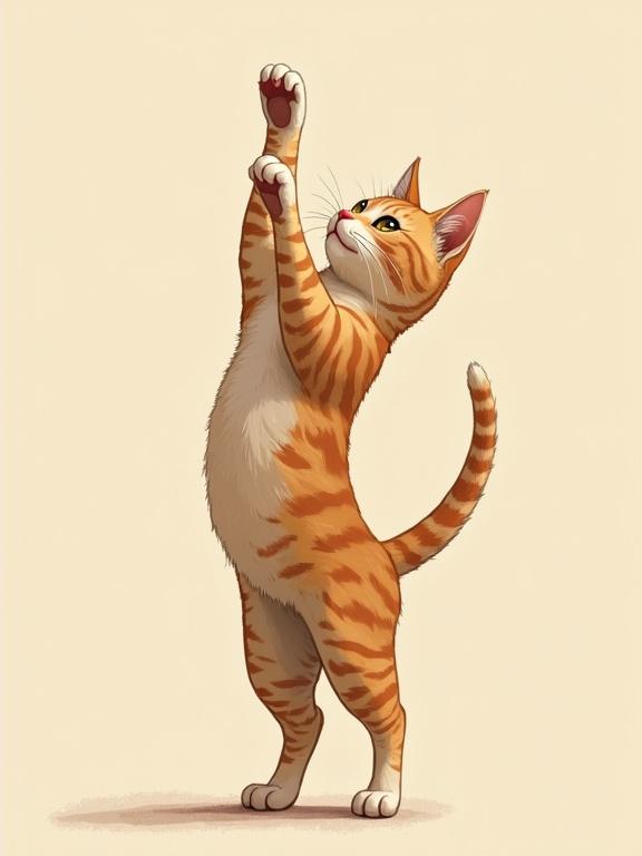Stylized image of a cat stretching its paw upwards. The cat is standing on its hind legs. The cat has orange fur with light stripes and a fluffy belly. Background is light cream color. Cat has bright eyes and a playful expression.