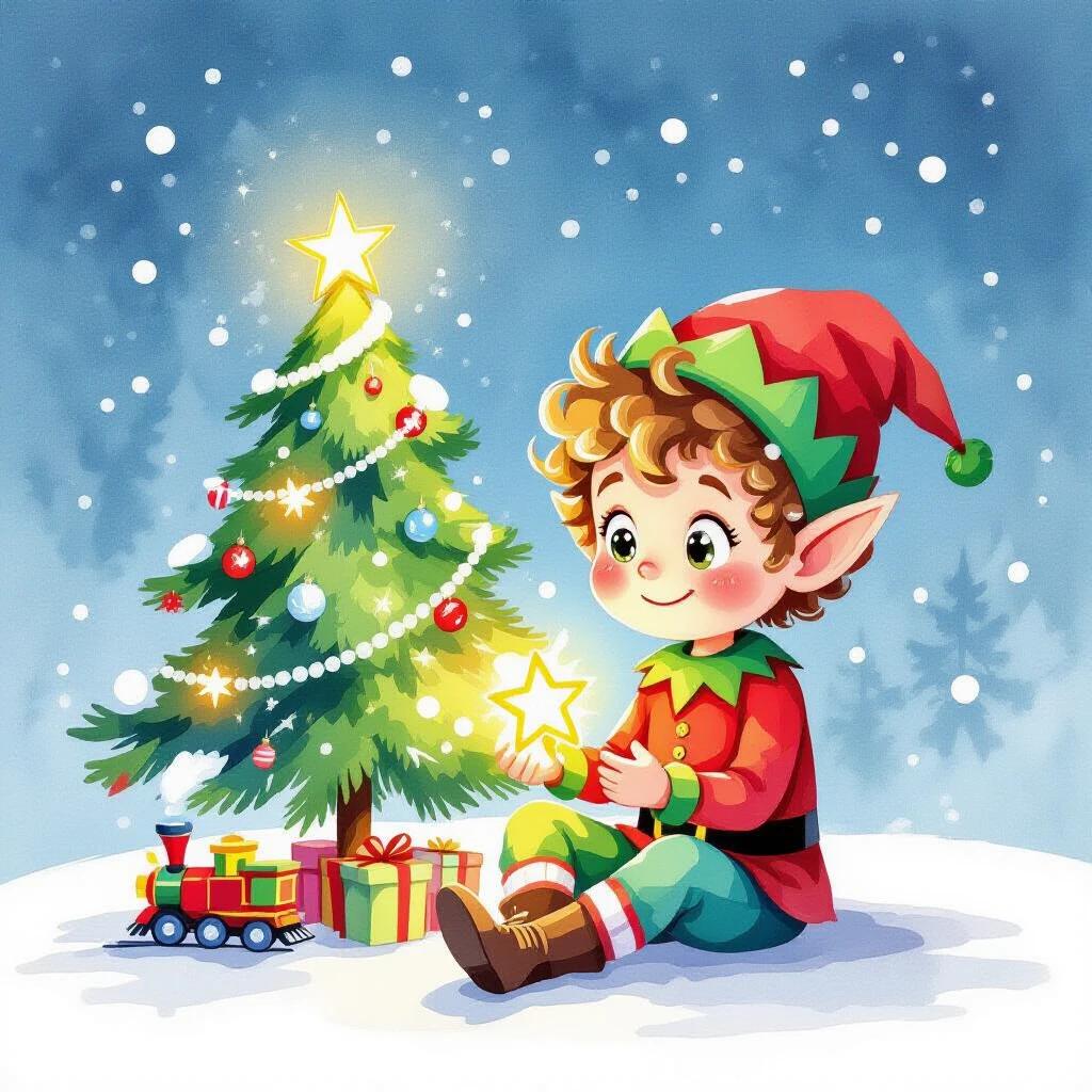 Watercolor art featuring a cheerful little elf with curly hair. The elf is sitting cross-legged in front of a Christmas tree. The tree is twinkling with ornaments. The elf wears a red and green outfit and holds a glowing star. A toy train is visible behind the tree. Snowflakes are falling softly. The artwork has vibrant colors and a dreamy fantasy style.
