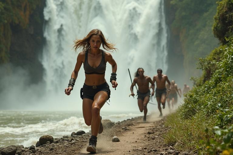 Dramatic chase scene featuring a character named Lara escaping tribal cannibals by a waterfall. She runs with bound hands, wearing tactical gear, while tribal hunters pursue her from the jungle. Mist rises from the waterfall as they divide the scene with a side angle shot.