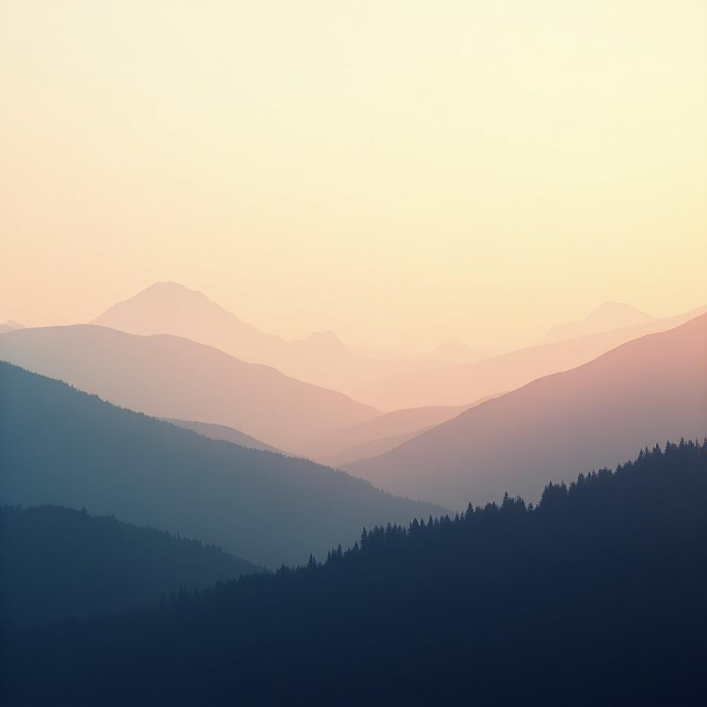 Layers of mountains in soft pastel colors at sunset. Gentle gradients between hills with a peaceful atmosphere. Ideal for relaxation themes. Mountains fade into the horizon.