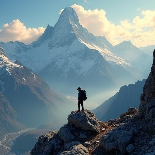 Epic mountain landscape featuring majestic snow-capped peaks. A lone hiker stands on a rocky outcrop under a panoramic vista. Misty valleys are present in the background with golden sunlight and dramatic clouds. This scene captures the essence of an alpine adventure.