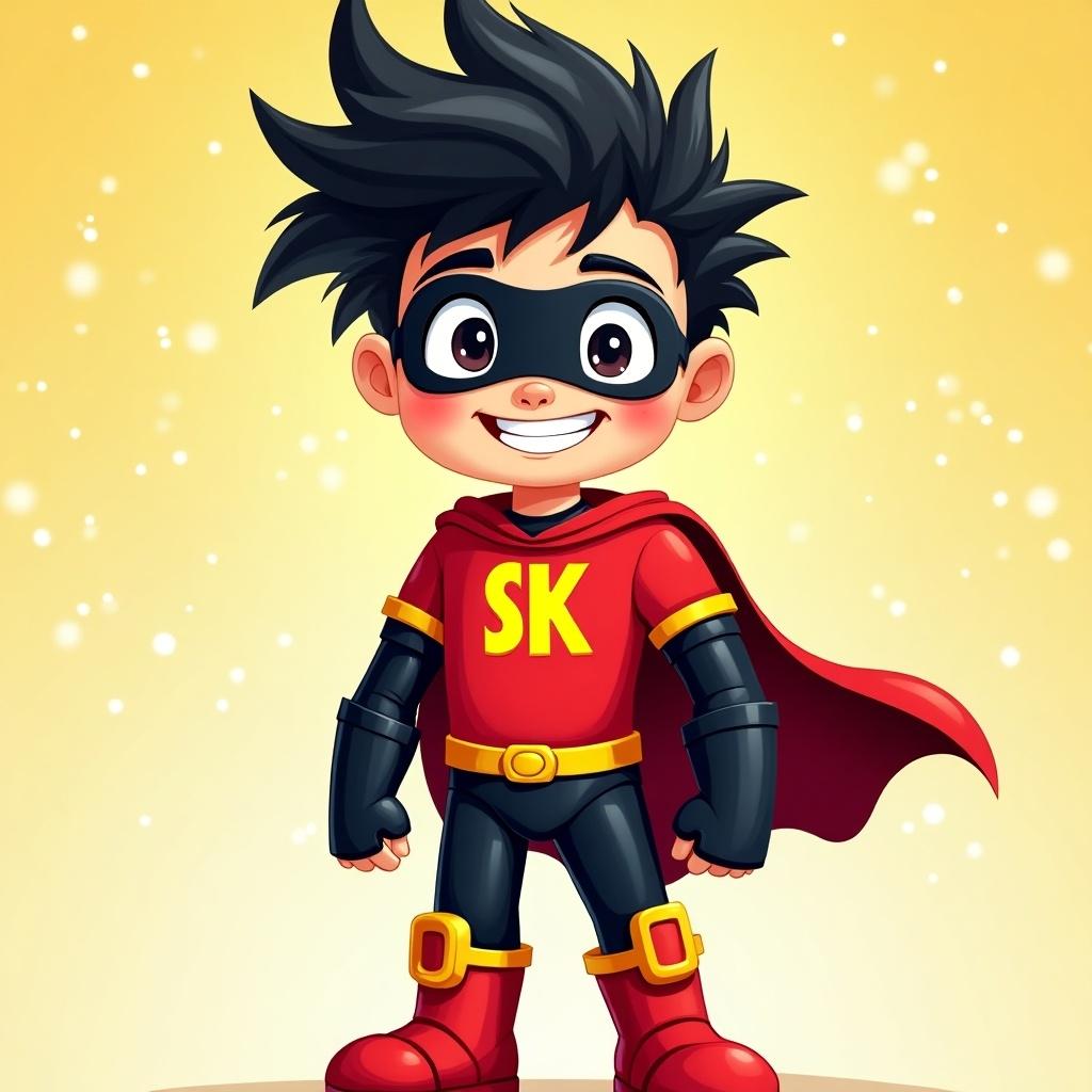 Child friendly superhero character named Sidekick. Red shirt with SK symbol. Black pants and red boots. Black mask over eyes. Visible face with hair sticking up. Black hair with a playful look.