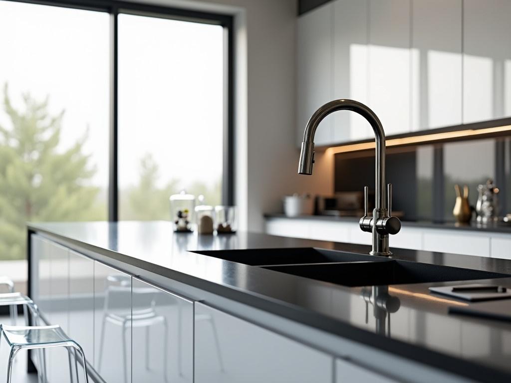 This image shows a modern and sleek kitchen with a minimalist design. The countertop is made of black material, reflecting the light from the large windows. A stylish faucet is installed on the counter, positioned above two sink openings. There are a few glass containers on the countertop, along with a notepad, indicating a space for preparing meals. The cabinetry is glossy white, complementing the contemporary feel of the kitchen. Some transparent stools can be seen, adding to the airy atmosphere of the space.