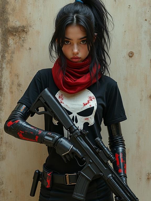 A young girl portrayed as a cyberpunk rebel. She is full body with tactical gear and a black Punisher t-shirt. She holds a Glock X19 with a silencer. Intricate details and perfect anatomy emphasized in cinematic lighting. The background features psychedelic patterns, enhancing the mood. Hair styled similar to the character Judy, reflecting an edgy aesthetic. Confidence and dominance displayed through posture and gaze.