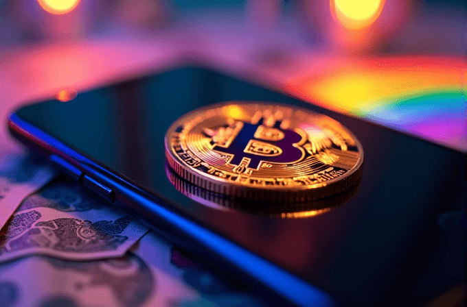 A shiny Bitcoin coin is placed on a smartphone with colorful lights in the background.