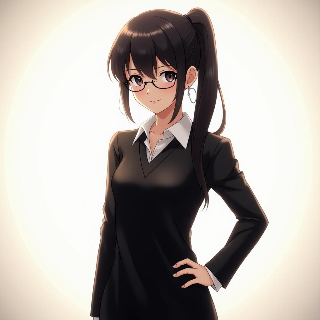 Digital artwork of an anime character. Character has long dark hair in a ponytail. Wearing glasses and a sleek black outfit. Character exudes confidence and poise. Glossy texture visible in the dress. Softly lit background enhances the character's presence.