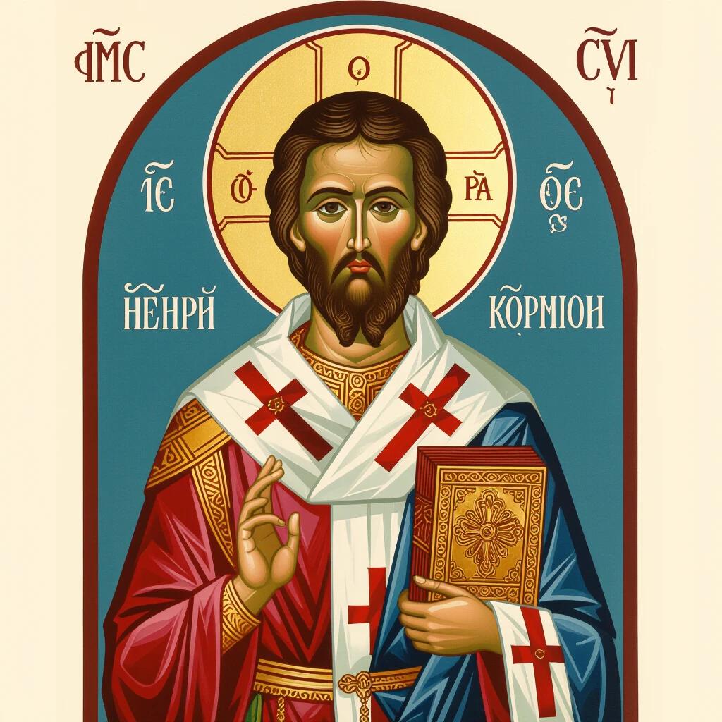 Icon of Saint Nectarios depicted with traditional attributes. Artwork features a rich color palette with symbolic elements. Depiction captures a serene facial expression and significant spiritual iconography. The figure is posed in a holy manner with specific religious attire.