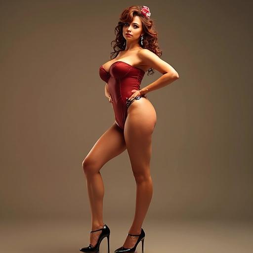 A pinup model posing confidently in a glamorous outfit. The model features a classic vintage look with a modern twist. The photograph captures elegance and charm with soft lighting accentuating curves.