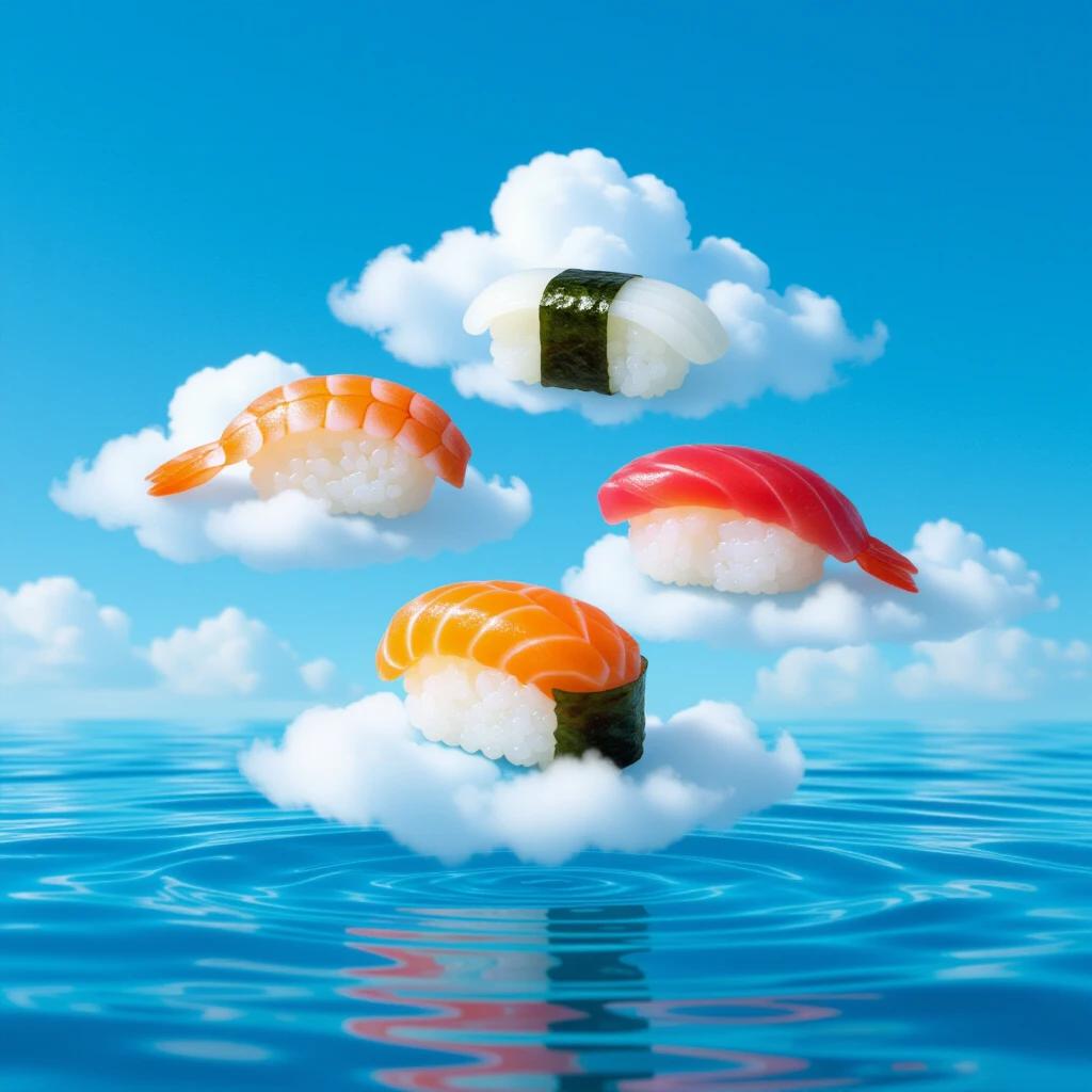 Sushi pieces crafted from clouds floating above a blue-sky ocean. Ethereal mist as rice and sunset colors for fish.