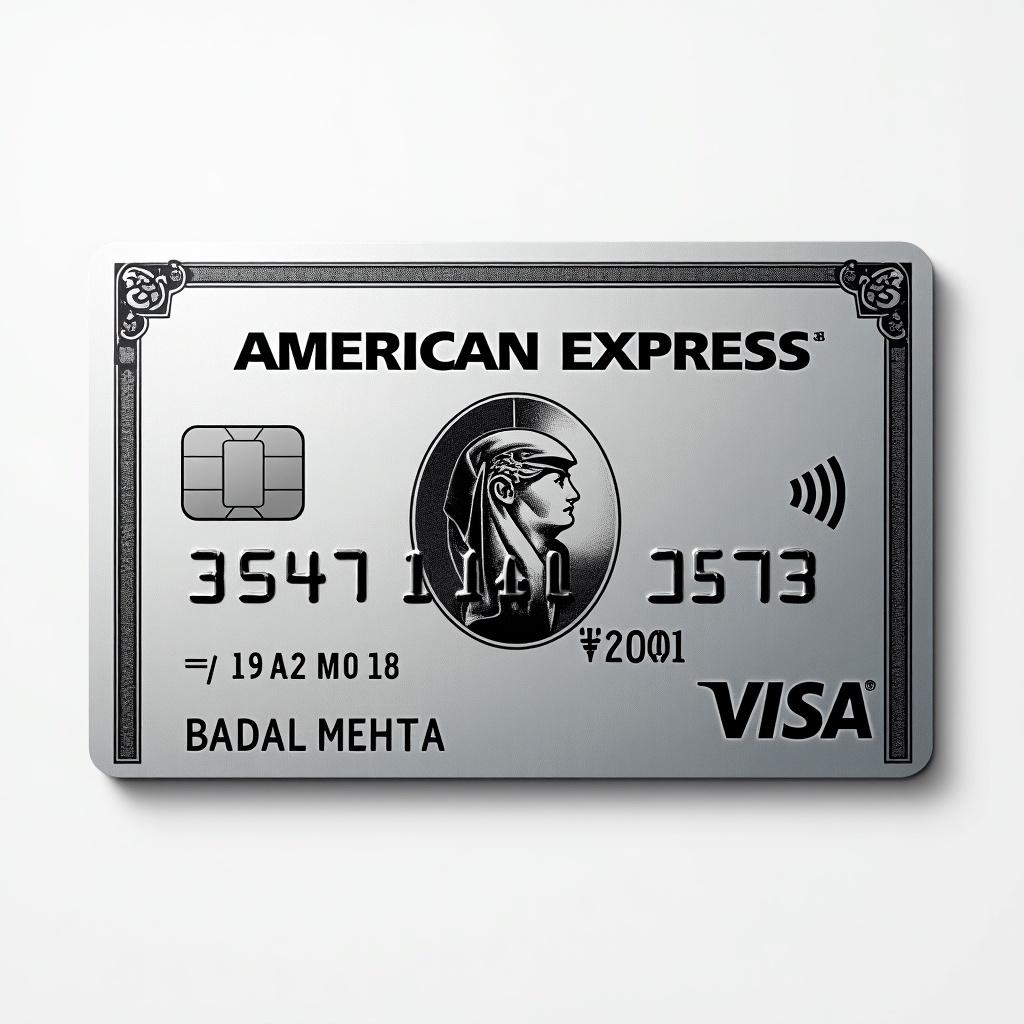 Realistic image of platinum American Express credit card features Visa logo shown clearly. Cardholder name BADAL MEHTA and expiry date March 2028 are visible. Silver background and bold black font reflect modern elegance.