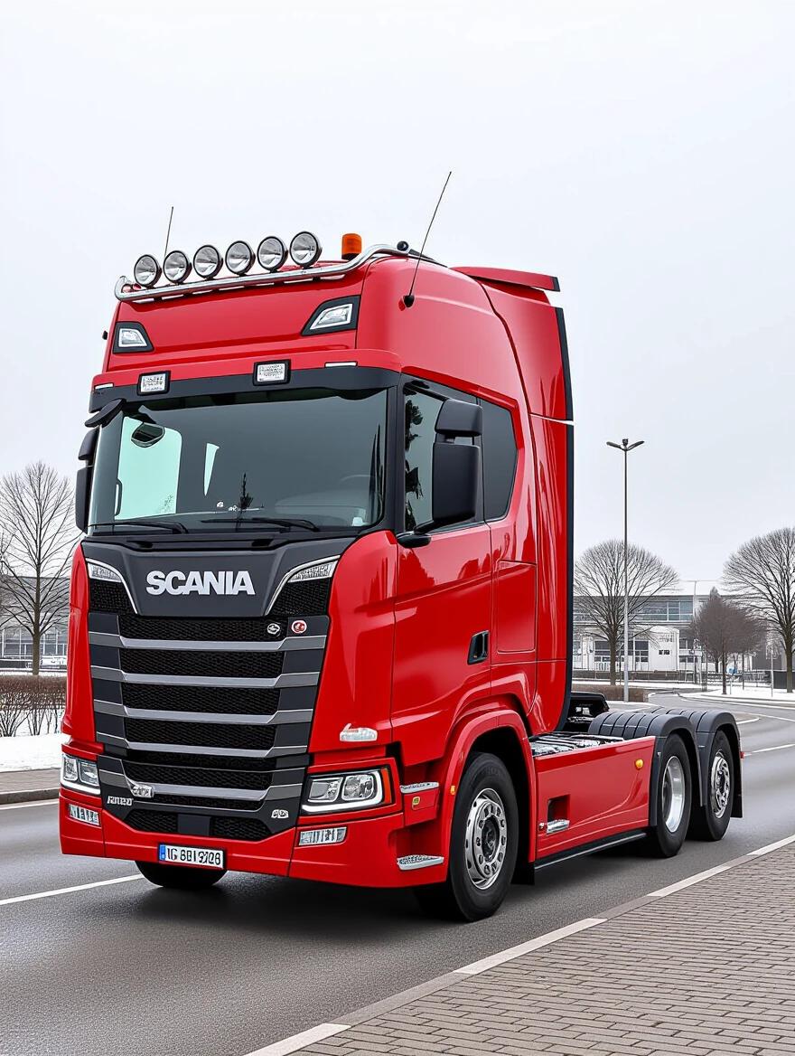 Red Scania truck without the body on the street in cloudy weather at noon.