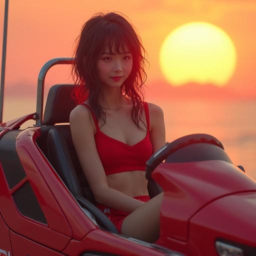Cinematic style portrait of a young Japanese woman in a red mobile suit at sunrise. Captivating smile and poised elegance. Background features a glowing sunset. A hidden black cat adds intrigue. Logo for @hu_jim29 included subtly.