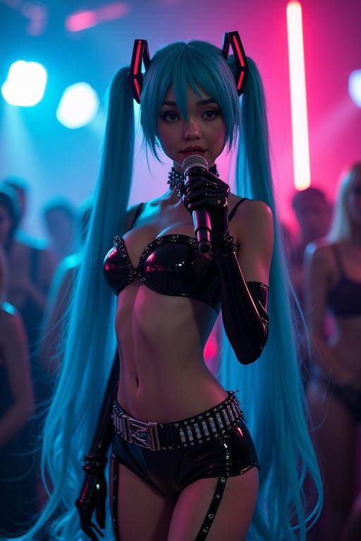 Hatsune Miku is in a nightclub wearing a shiny latex outfit. She captures the scene with her dance and singing. Bright lights create an energetic atmosphere. Other figures are blurred in the background to emphasize her movements.