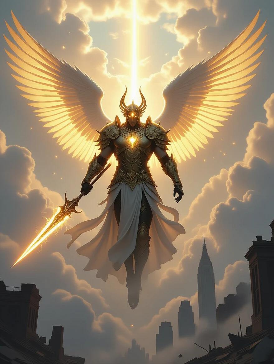 A radiant armored celestial being descends from the clouds above a ruined city skyline. Wings spread wide glowing with divine energy. His eyes burn with golden judgment. He holds a spear of light in one hand. The clouds swirl around him. The light contrasts against the decaying buildings below. Epic scale and ultra-realistic. Dramatic lighting enhances divine and intimidating presence.