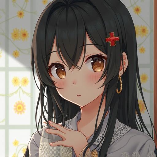 Anime girl with black long hair wearing a black sailor outfit. She has earrings and dark swirling eyes. The girl has long legs and a good figure.