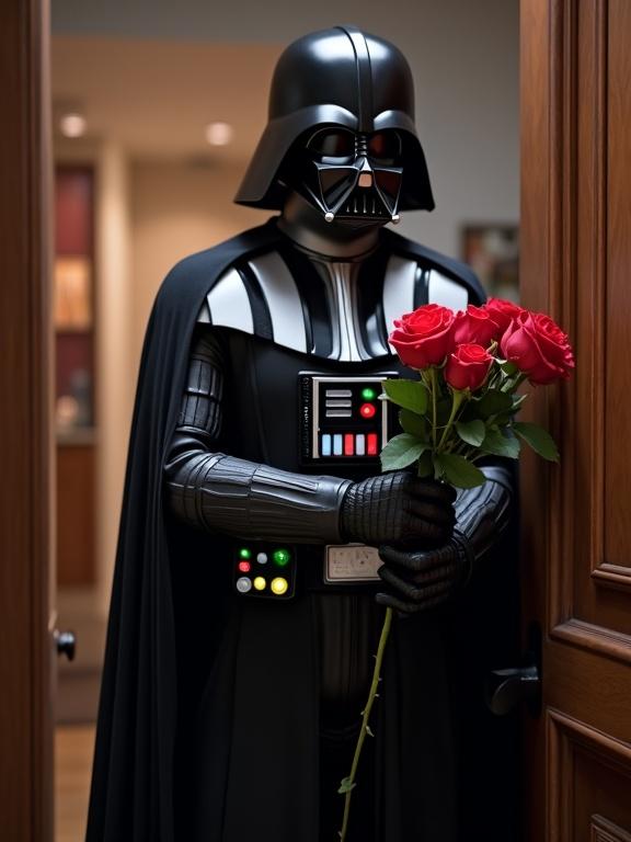 Darth Vader at a front door. He holds a bouquet of red roses. The background features a warm, cozy indoor setting. Ideal for humorous uses.