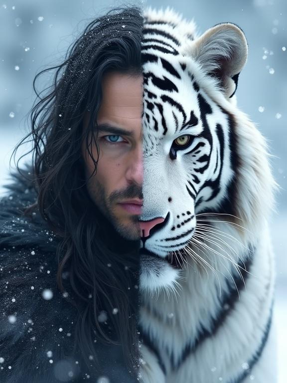 A handsome gruff warrior with long raven hair on the left half blended with a fierce majestic white tiger head on the right. Background is clear with snow and ice crystals, creating an enchanted atmosphere.