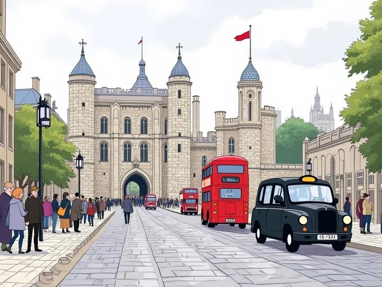 Studio Ghibli style illustration of the Tower of London from street view. Cobblestone streets featured. Classic black cabs and red double-decker buses surround. Overcast day depicted with soft lighting. Tourists walk by historical architecture blending medieval and modern elements.