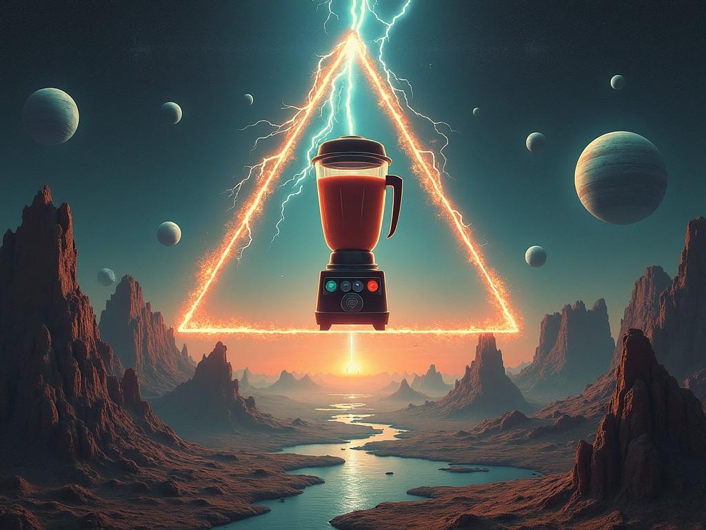 This artwork features a surreal depiction of a smoothie blender positioned within a striking triangle. It is engulfed in dramatic lightning bolts that create a sense of energy. Below, the landscape resembles the famous Pillars of Creation as captured by the James Webb Space Telescope. The foreground includes alien mountains, winding rivers, and a variety of planets and moons in the background. Together, this imagery evokes feelings of wonder and trepidation, suggesting a narrative of exploration amid the unknown.