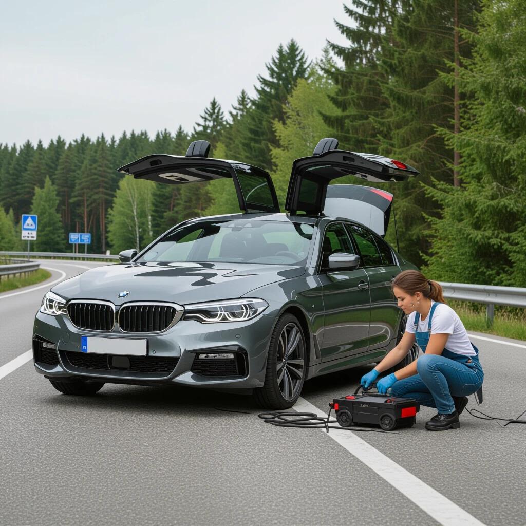 Woman works on car maintenance beside a grey BMW. The car has its doors open. The roadside is surrounded by tall trees. Equipment for car care is displayed beside her.