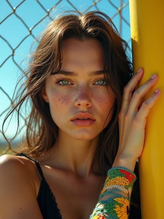 High-saturation fashion portrait of a young woman. Focus on porcelain skin and vivid blue eyes. Intense gaze through a torn chain-link fence. Freckled face illuminated by midday sunlight. Colorful lens flares scatter across her damp hair. Bold black outfit with oversized sunflowers. Crocheted multicolor sleeve adds retro contrast. Bright yellow pole in the background complements cyan sky. Melancholic yet defiant expression. Captured in detailed, cinematic style resembling Leslie Kee or Mika Ninagawa photography.