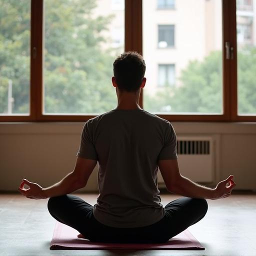 A man practices meditation in a yoga class. The setting is a quiet urban studio. Natural light enters through large windows. The man is in a cross-legged pose. Background includes soft greenery outside the windows.