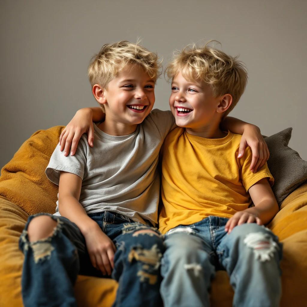 Two blonde boys smile while sitting together on a bean-bag chair. They wear faded jeans and t-shirts. They have their arms around each other. The background is soft and neutral.