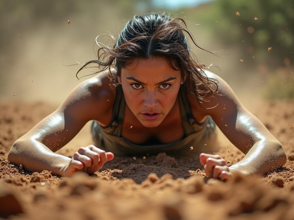 A woman is shown crawling through rough terrain with intense focus and determination. Dust and dirt are flying around her, capturing a dramatic and gritty scene. Her expression is one of concentration and strength, emphasizing her resilience. The environment around her is rugged, highlighting the challenge she faces. This image portrays a moment of sheer willpower and physical endurance in the outdoors.