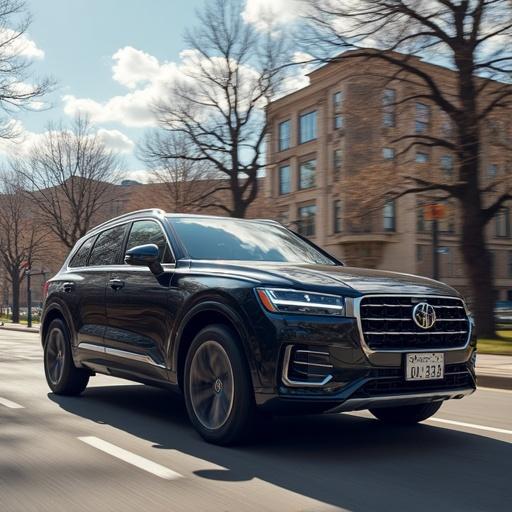 A luxury SUV driving on a city road during daylight. The scene features modern buildings and a clear blue sky with soft clouds.