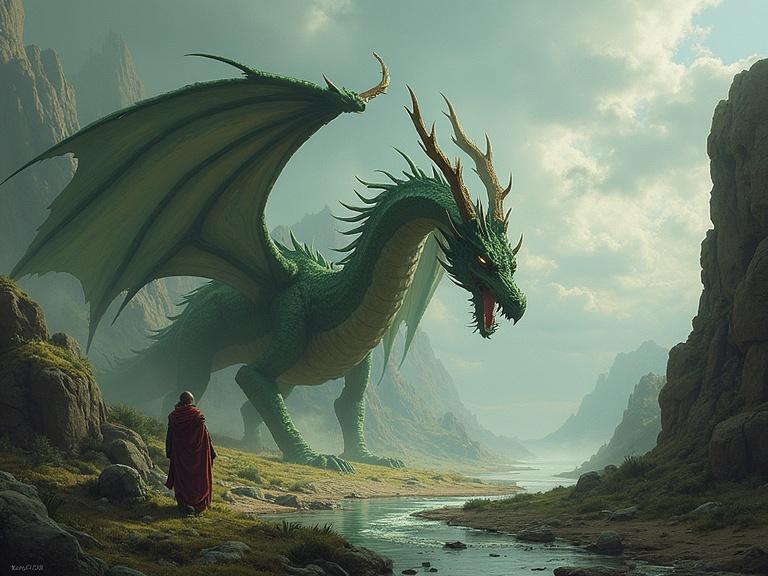 Fantasy art featuring a large green dragon with prominent wings and a detailed landscape setting. A figure stands nearby wearing a cloak. Illustrates a sense of adventure and grandeur in a mythical world.