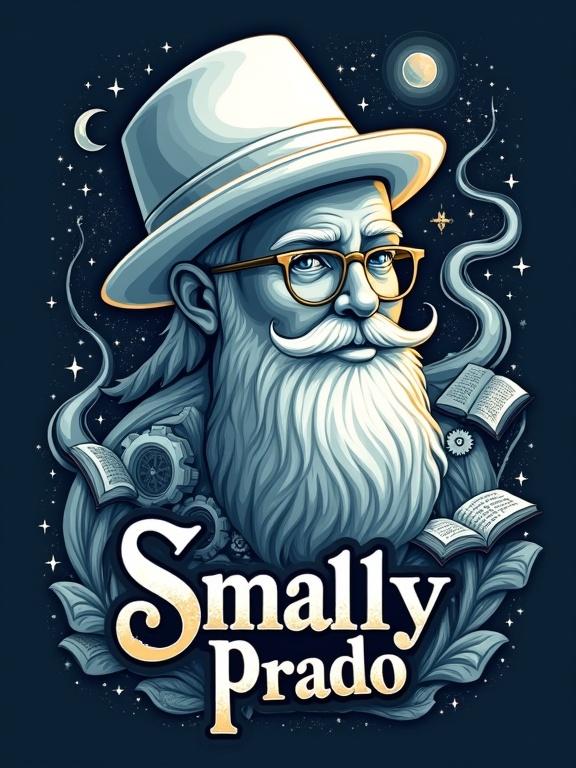 Stylized logo features a fictional author named Smaily Prado with a soft smile. The logo showcases an imaginative illustration of a white man wearing a fedora and glasses. Surrounding elements include stars, floating books, clock gears, and cosmic energy. The style is painterly, combining organic and futuristic motifs. The name 'Smaily Prado' is featured below in elegant font with glowing letters. The color palette includes deep blues, silver, and gold highlights. The atmosphere is magical and creative.