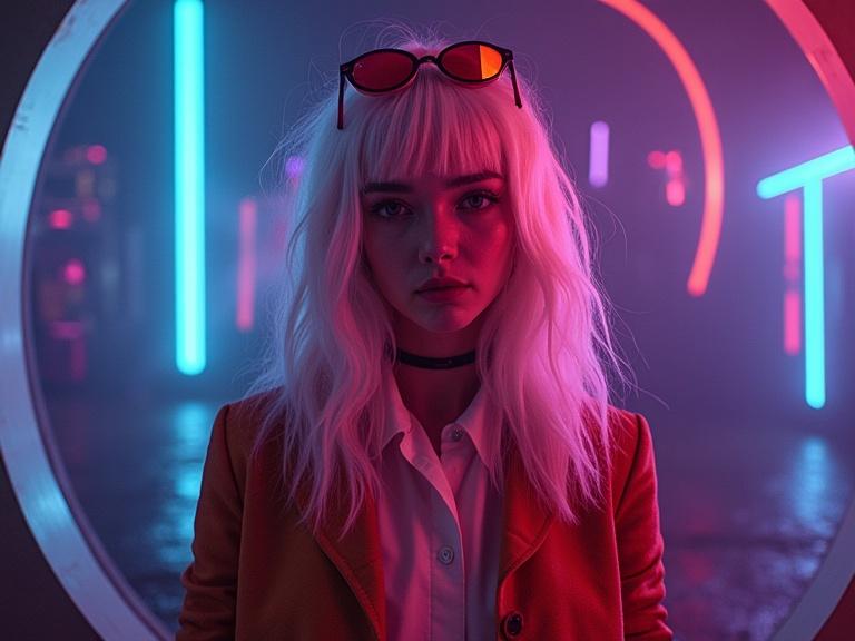 Artistic representation of a synth-pop band album cover. Feature a central figure with illuminated sunglasses. Neon circular background with vibrant colors. Modern and stylish elements. Suitable for electronic music genre.