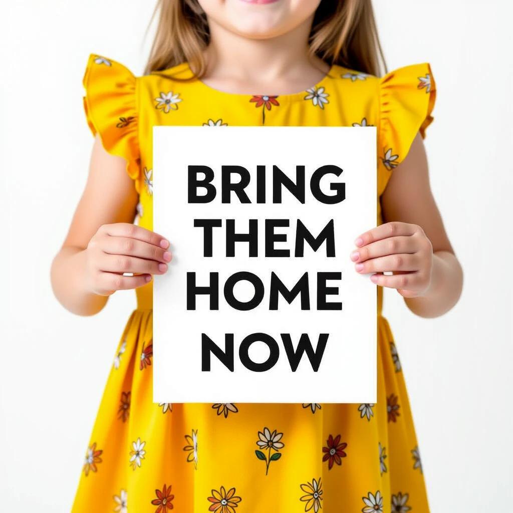 A child is wearing a yellow dress with a floral pattern. The child is holding a large sign that says Bring Them Home Now. The background is plain to emphasize the message. The child smiles while holding the sign.