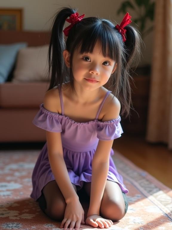 Cellphone photo of a slender girl with glossy black hair styled into twin buns with crimson ribbons. She kneels on a cozy rug in a warmly lit living room. Her outfit is a lavender off-shoulder top and a pleated purple skirt. She wears black lace-trimmed thigh-high stockings and is barefoot. Her hands rest on her knees and she smiles playfully.