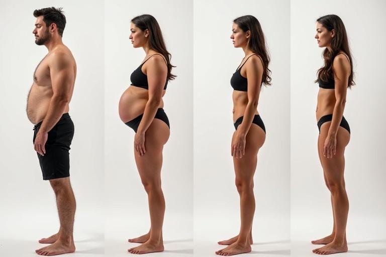 A sequence of body transformation showing a progression of a man transforming into a fit woman. It illustrates consistent steps in feminization.