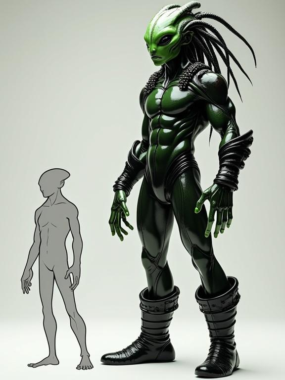 Full body portrait of a humanoid alien. Masculine face resembling human male. Viridian skin. Black eyes. Tentacles as dreadlocks. Very tall and muscular. Shiny black latex suit with armor. Frog-like fingers. Amphibian-like legs. Show scale with human outline.