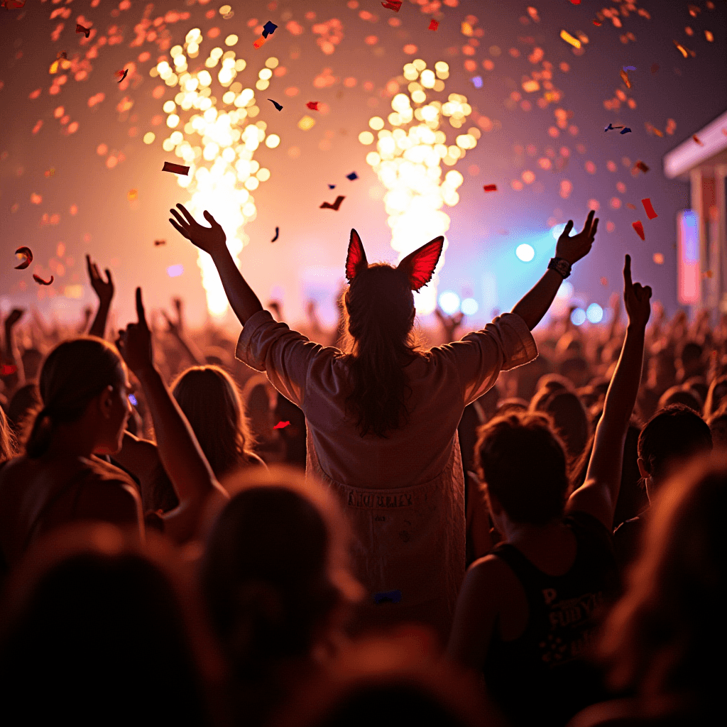 A crowd enjoys a festive concert with confetti in the air and bright fireworks on stage.