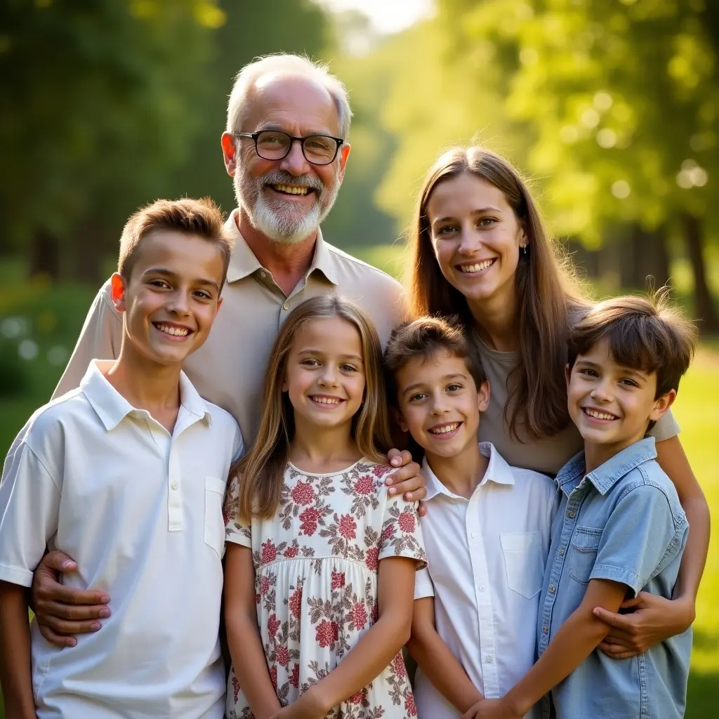 A joyful family portrait taken outdoors. Six individuals are shown: a grandfather, a father, a 14-year-old daughter in balochi dress, a 7-year-old boy, a 4-year-old boy, and a 5-month-old baby. They stand close together and smile at the camera. The background features lush green trees providing a serene atmosphere. Warm sunlight adds a golden hue, enhancing the happy moment that displays love and familial bonds.