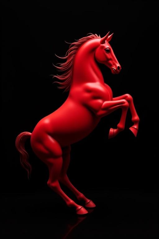 The image shows a red horse rearing up against a black background. The horse's tail is fully visible. The horse has a glossy finish and appears three-dimensional.