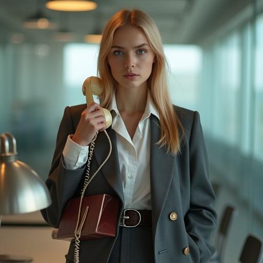 Medium close-up portrait of young woman with strawberry-blonde hair. She wears a deconstructed grey suit. Expression is neutral and contemplative. Vintage telephone rests on her shoulder. She holds a hardcover book. The background is a modern office with soft lighting.