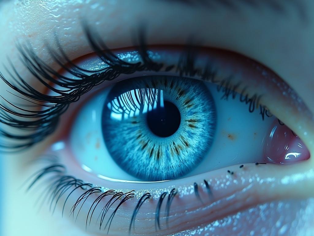 Close-up of a beautiful sea blue eye with detailed features. Bright colors and intricate patterns within the eye. Well-defined eyelashes and clear surrounding area.