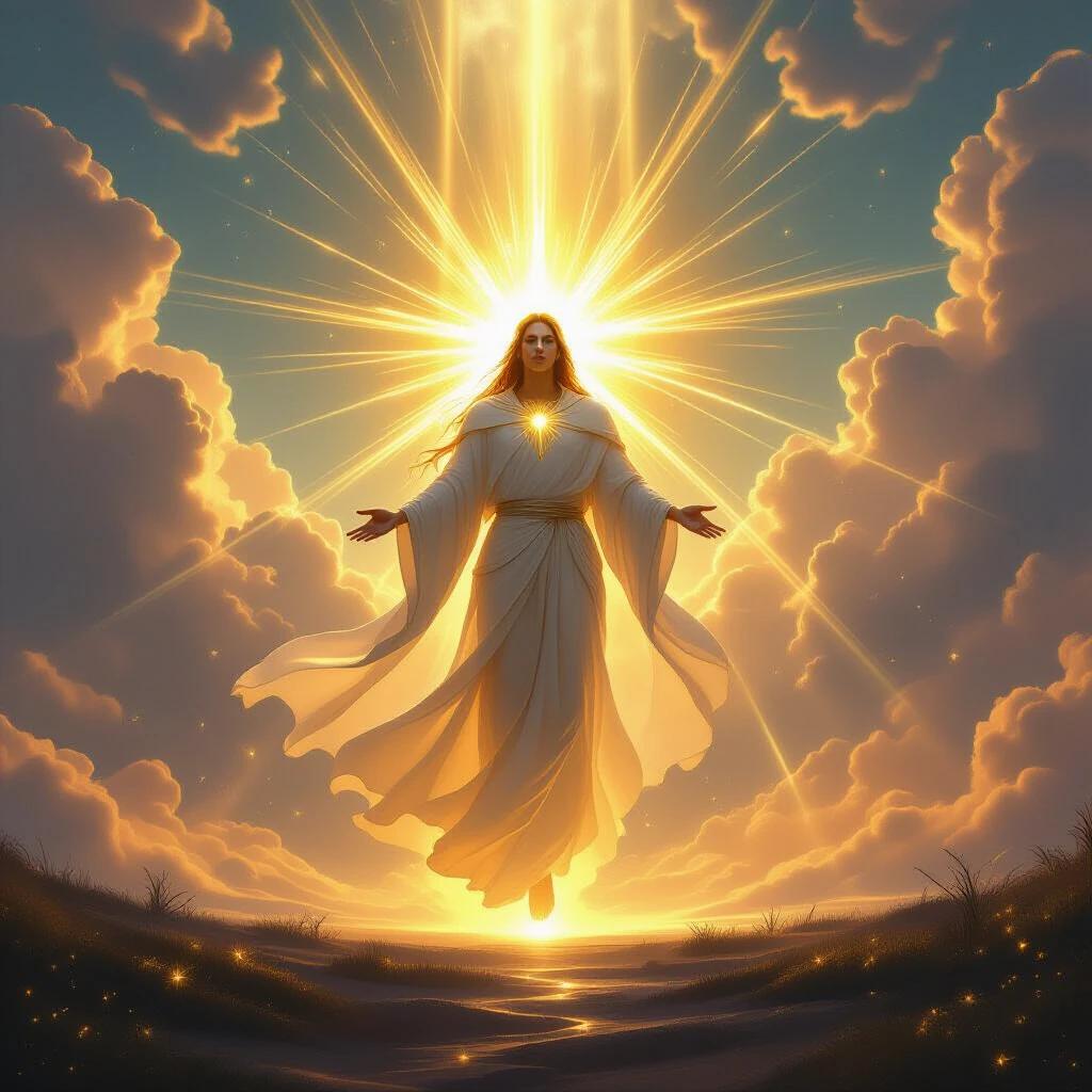 Radiant artwork displaying a divine figure glowing with light. Golden rays shine from behind like a halo. Flowing robes appear made of starlight and energy. The figure floats above a shiny landscape. Radiant aura lights up the scene. Dramatic sky with beams of light breaking through clouds. Majestic composition in high fantasy art style.