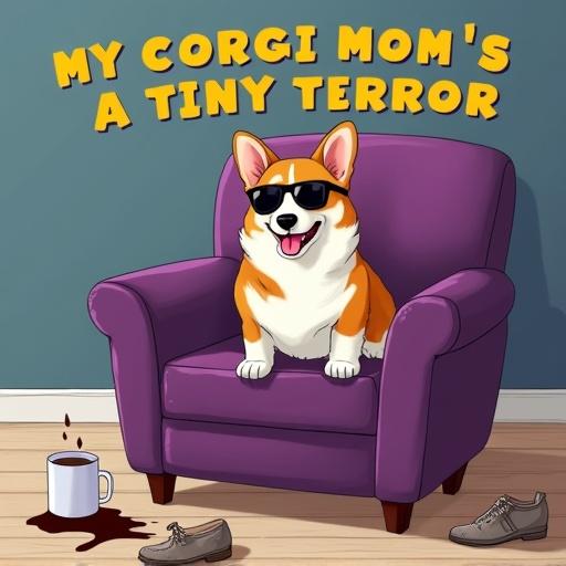 Funny scene with a Corgi dog wearing sunglasses. Corgi sitting on a purple velvet chair. Signs of mischief visible around the chair. A spilled coffee mug and well-chewed shoes on a wooden floor. Text above the Corgi saying 'My Corgi Mom's A Tiny Terror.'