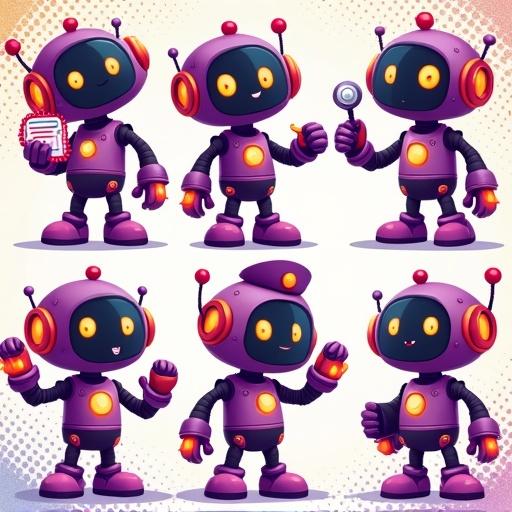 Create a series of cute cartoon robots. Robots have various healthcare-related poses. Vibrant purple and pink color scheme. Glowing orange accents on robots. Round heads with expressive digital eyes. Small antennas with yellow orbs. Robots have floating propulsion flames. Include a stethoscope holding robot. Include a first aid kit carrying robot. Include a nurse's hat wearing robot. Include a clipboard checking robot. Include a vaccine giving robot. Include a helping robot. Background has a colorful halftone pattern.